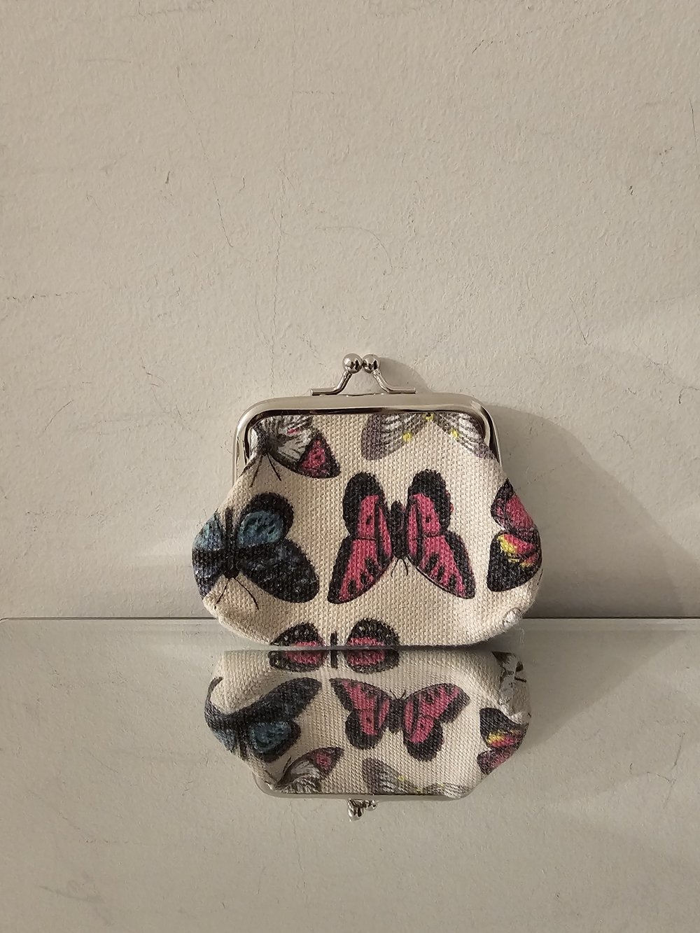 Butterfly Print Coin Purse - Cream with Pink & Blue Accents - Picture 1 of 2